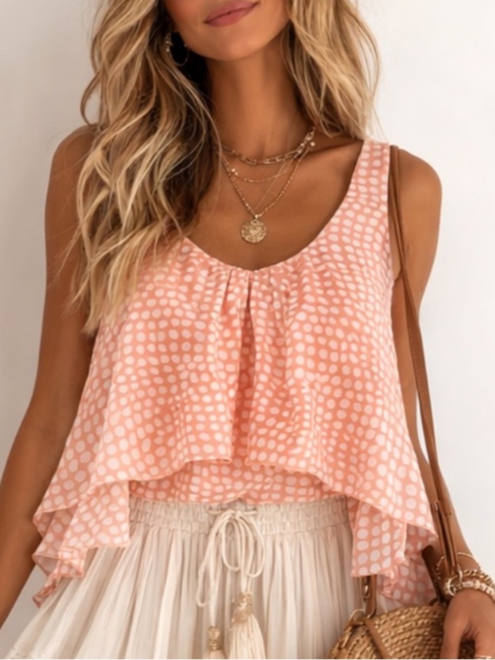 FOREVER 21 PINK WHITE DOT LAYERED CAMISOLE TOP L NWT